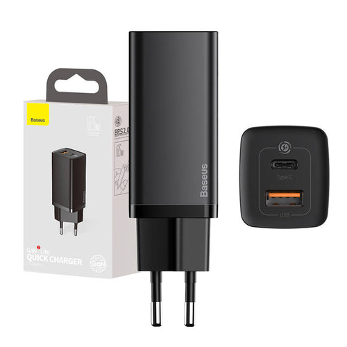Baseus GaN2 Lite - Chargeur secteur 65 W USB-A et USB-C (noir) : chargeur Baseus GaN2 Lite noir vu d'ensemble