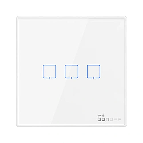 Sonoff T2EU3C-RF - Interrupteur mural sans fil 3 voies 433 MHz (blanc) : façade en verre trempé de l'interrupteur