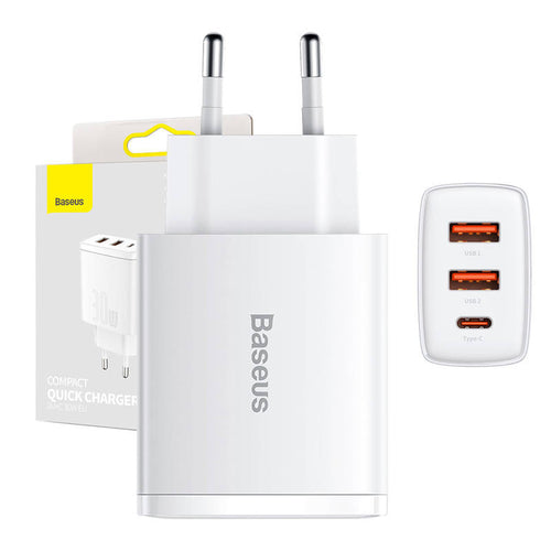 Baseus Compact Quick Charger - Chargeur secteur 30 W 2 USB-A et USB-C (blanc) : chargeur Baseus Compact blanc vu d'ensemble