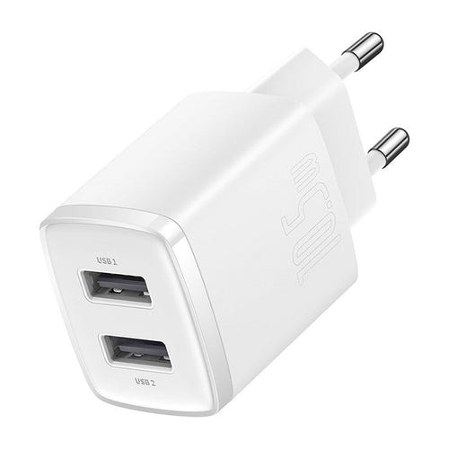 Baseus Compact Charger 2U - Chargeur secteur 2 ports USB 10,5 W (blanc) : les deux ports USB du chargeur