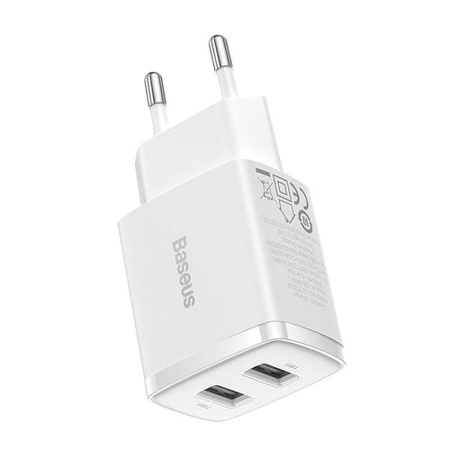 Baseus Compact Charger 2U - Chargeur secteur 2 ports USB 10,5 W (blanc) : format compact du bloc dans la main