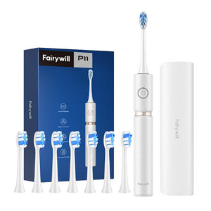FairyWill - Brosse à dents sonique avec 8 brossettes et étui (blanche)