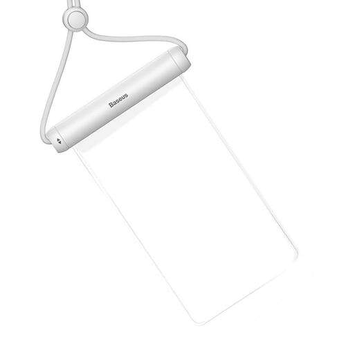 Baseus Cylinder - Pochette étanche IPX8 pour smartphone jusqu'à 7,2 pouces (blanche) : smartphone glissé dans la pochette