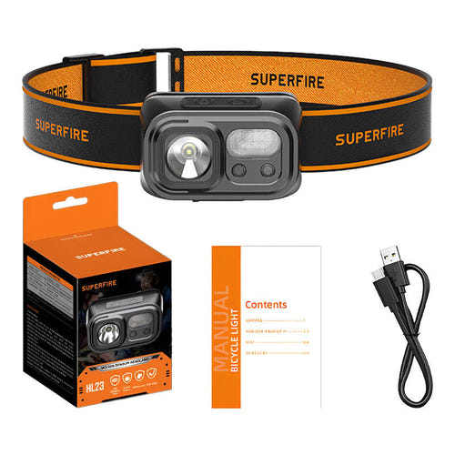 Superfire HL23 - Lampe frontale rechargeable 220 lm avec détecteur de mouvement : port de charge USB-C