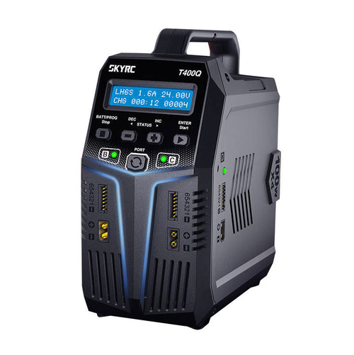 SkyRC T400Q - Chargeur-équilibreur 4 voies 100 W et 12 A par voie : vue d'ensemble du chargeur SkyRC T400Q
