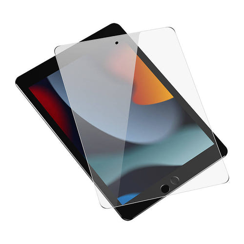Baseus Crystal - Verre trempé 0,3 mm pour iPad 10,2 pouces (lot de 2) : vitre Baseus Crystal posée sur l'écran de l'iPad