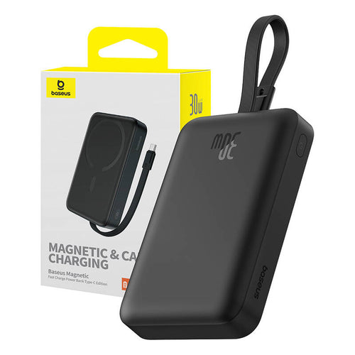 Baseus Magnetic Mini - Batterie externe magnétique 10 000 mAh 30 W (noir) : batterie externe noire aimantée au dos d'un téléphone