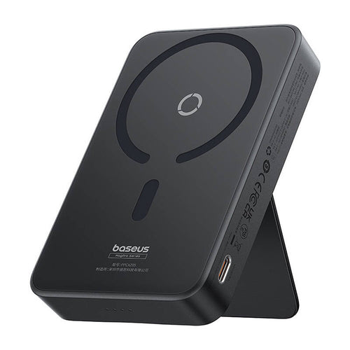 Baseus MagPro - Batterie externe magnétique 5000 mAh 20 W avec support (noir) : batterie magnétique noire au dos d'un téléphone
