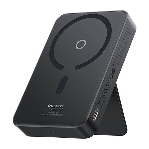Baseus MagPro - Batterie externe magnétique 5000 mAh 20 W avec support (noir) : batterie magnétique noire au dos d'un téléphone