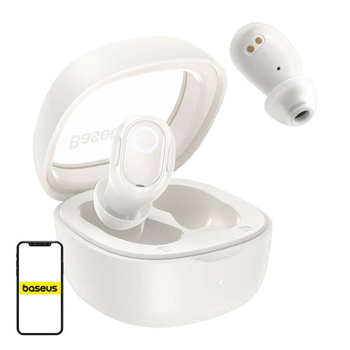 Baseus Bowie WM02 OS - Écouteurs sans fil Bluetooth 5.3 (blanc) : écouteurs Baseus Bowie WM02 blancs et leur boîtier