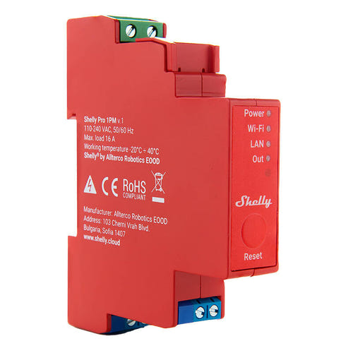 Shelly Pro 1PM - Relais rail DIN 1 canal avec mesure de consommation : bornes et raccordement du module