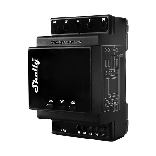 Shelly Pro 4PM - Relais rail DIN 4 canaux avec mesure de consommation : relais Shelly Pro 4PM sur rail DIN