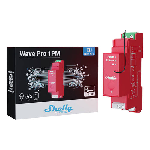 Shelly Qubino Pro 1PM - Relais Z-Wave 1 canal avec mesure d'énergie : module rouge Qubino Pro 1PM monté sur rail DIN