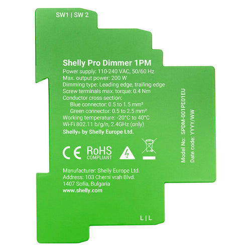 Shelly Pro Dimmer 1 - Variateur connecté rail DIN 1 canal : boîtier de 94 x 19 x 69 mm vu de face