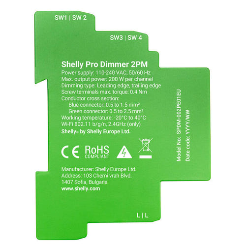 Shelly Pro Dimmer 2 - Variateur connecté rail DIN 2 canaux : borniers des deux canaux de gradation