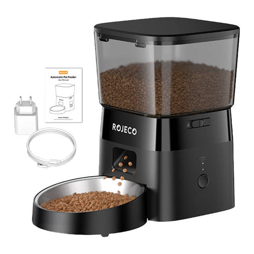 Rojeco - Distributeur de croquettes 2 L connecté Wi-Fi (noir) : distributeur Rojeco vu de profil