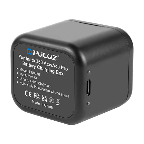 Puluz PU968B - Chargeur double et boîtier à cartes pour Insta360 Ace : témoins LED rouge et vert en fonctionnement