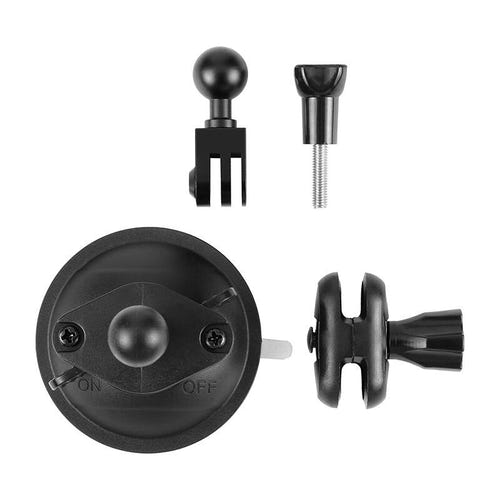 Puluz PU545B - Fixation à ventouse pour caméra d'action (noire) : ventouse plaquée sur une vitre avec une caméra d'action