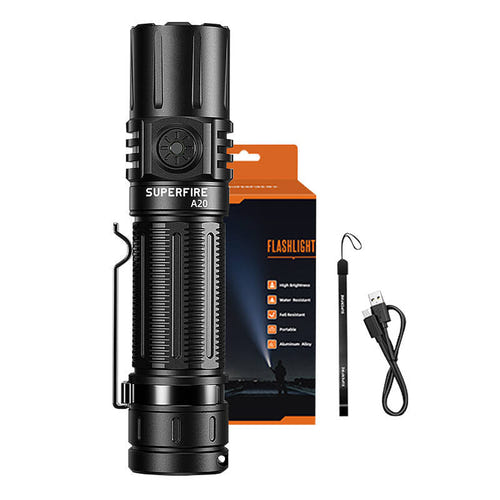 Superfire A20 - Lampe torche 1700 lm, portée 300 m (noir) : port de charge USB-C et clip de ceinture