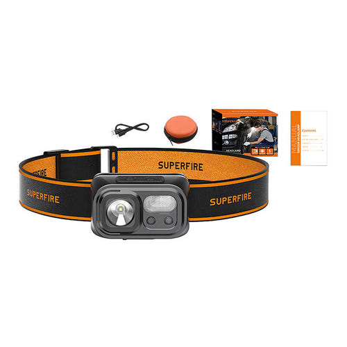 Superfire HL23-S - Lampe frontale 350 lm à capteur de mouvement (noir) : capteur de mouvement et faisceau orientable