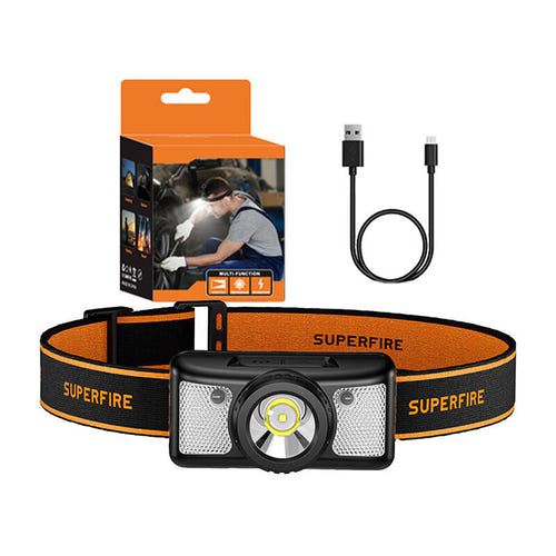 Superfire HL91-X - Lampe frontale 200 lm avec capteur de mouvement (noir) : sources blanche et rouge de la frontale