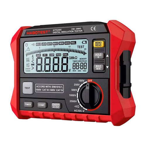 Habotest HT5205 - Testeur d'isolement numérique jusqu'à 2500 V : écran LCD et sélecteur rotatif des calibres