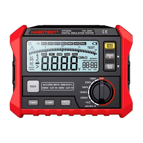 Habotest HT5205 - Testeur d'isolement numérique jusqu'à 2500 V : mallette avec cordons de test et pinces crocodile