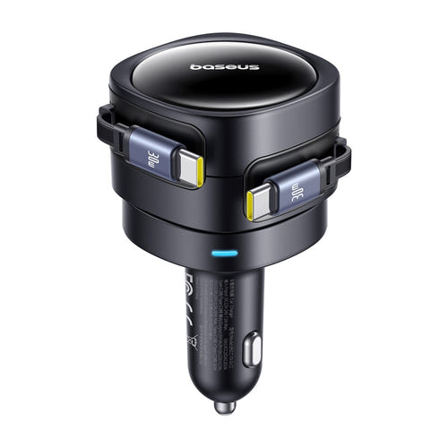 Baseus Enjoyment Max - Chargeur voiture 60 W à deux câbles USB-C rétractables (noir) : deux câbles USB-C rétractables déployés