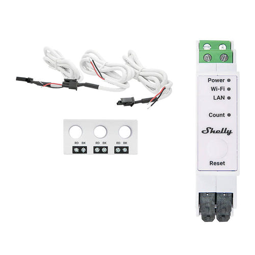 Shelly Pro 3EM-3CT63 - Compteur d'énergie Wi-Fi mono et triphasé sur rail DIN : compteur d'énergie Shelly Pro 3EM-3CT63 et son transformateur 3CT63