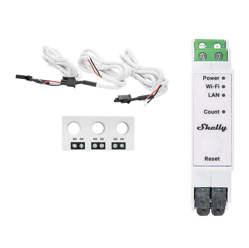 Shelly Pro 3EM-3CT63 - Compteur d'énergie Wi-Fi mono et triphasé sur rail DIN : compteur d'énergie Shelly Pro 3EM-3CT63 et son transformateur 3CT63