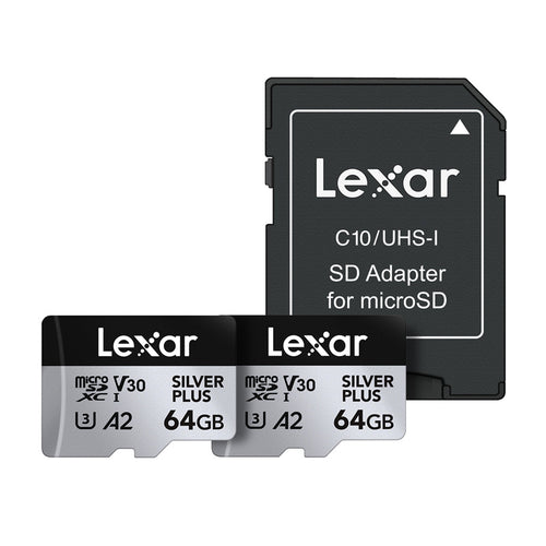 Lexar High-Performance Silver Plus - 2 cartes microSDXC 64 Go et adaptateur : deux cartes microSDXC Lexar Silver Plus 64 Go