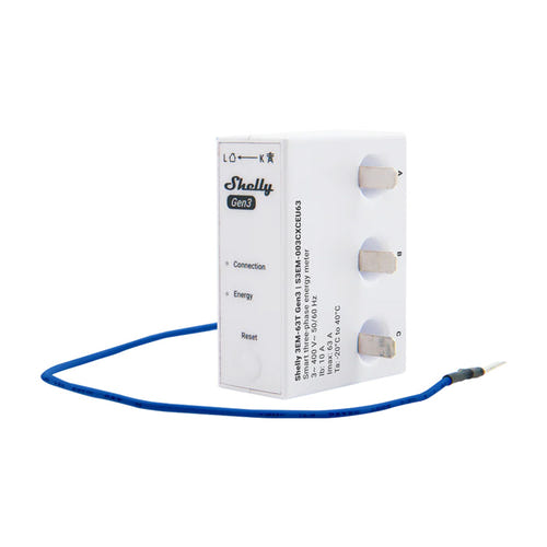 Shelly 3EM-63T Gen3 - Compteur d'énergie Wi-Fi 1/3 canaux à bornes plates : compteur d'énergie Shelly 3EM-63T Gen3 blanc