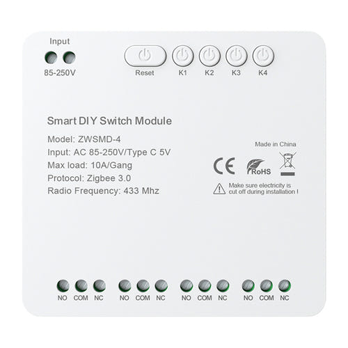 Avatto ZWSMMD-4-250V - Module ZigBee 4 canaux à contacts secs 250 V : module ZigBee 4 canaux Avatto ZWSMMD-4-250V