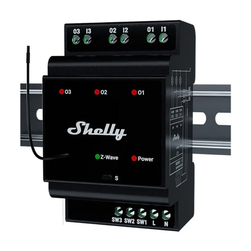 Shelly Qubino Wave Pro 3 - Relais Z-Wave 3 canaux sur rail DIN (bande 868,4 MHz) : borniers et sorties des trois canaux