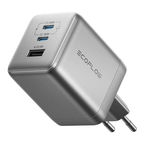 EcoFlow RAPID Pro 100W - Chargeur secteur GaN 2 USB-C et 1 USB-A : chargeur secteur EcoFlow RAPID Pro 100W et ses trois ports