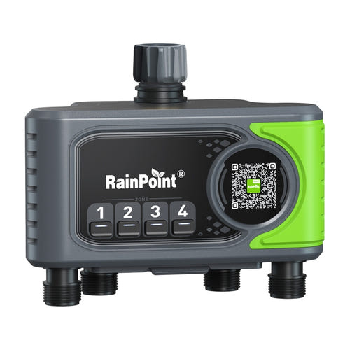 RainPoint - Programmateur d'arrosage Wi-Fi 4 zones : sorties des quatre zones et entrée en laiton