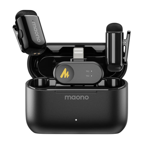 Maono WM622 PB2 - Micro-cravate sans fil pour iPhone et iPad (2 émetteurs) : micro-cravate sans fil Maono WM622 PB2 avec son boîtier de charge