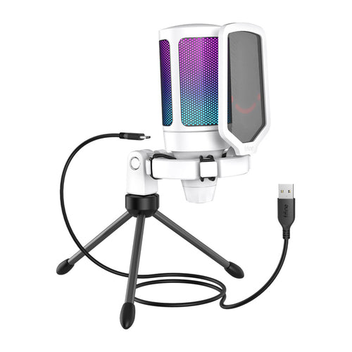 Fifine A6VW - Microphone à condensateur USB-C RGB (blanc) : microphone à condensateur Fifine A6VW blanc avec filtre anti-pop
