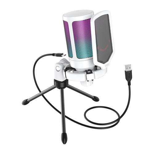 Fifine A6VW - Microphone à condensateur USB-C RGB (blanc) : éclairage RGB du Fifine A6VW sur son trépied