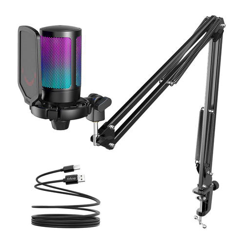 Fifine A6T - Microphone à condensateur USB-C avec bras articulé (noir) : filtre anti-pop et éclairage RGB du Fifine A6T