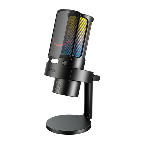 Fifine A8 - Microphone à condensateur USB-C sur pied métal (noir) : molette de volume et prise casque du Fifine A8