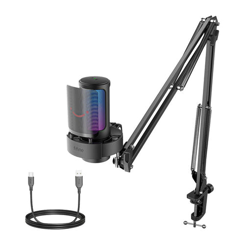 Fifine A8T AmpliGame - Microphone à condensateur avec bras métal (noir) : molette de gain et touche de coupure du Fifine A8T