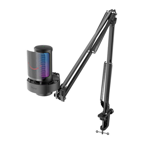 Fifine A8T AmpliGame - Microphone à condensateur avec bras métal (noir) : microphone Fifine AmpliGame A8T noir sur son bras métallique