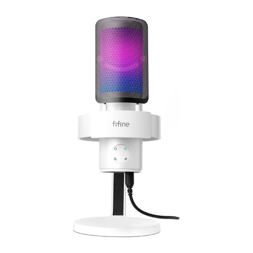 Fifine A9W - Microphone studio USB 4 directivités avec pied (blanc) : filtre anti-pop et grille du Fifine A9W