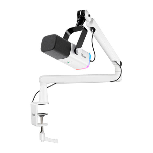 Fifine TAM8W - Microphone dynamique USB et XLR avec bras BM88 (blanc) : microphone dynamique Fifine TAM8W blanc sur son bras BM88
