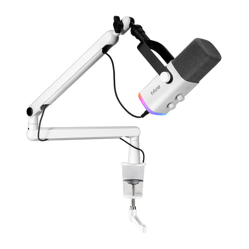 Fifine TAM8W - Microphone dynamique USB et XLR avec bras BM88 (blanc) : éclairage RGB du Fifine TAM8W