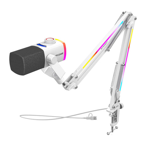 Fifine AM8proTW - Microphone dynamique USB/XLR et bras RGB (blanc) : microphone dynamique Fifine AM8proTW blanc sur son bras RGB