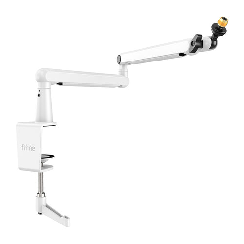 Fifine BM88W - Bras de microphone de bureau, portée 430 mm (blanc) : bras de microphone Fifine BM88W blanc fixé à un bureau