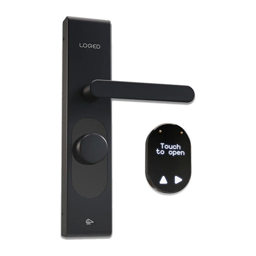 Shelly LOQED Touch Smart Lock - Serrure connectée sans clé Wi-Fi et Bluetooth (noire) : serrure connectée LOQED Touch Smart Lock noire montée sur une porte