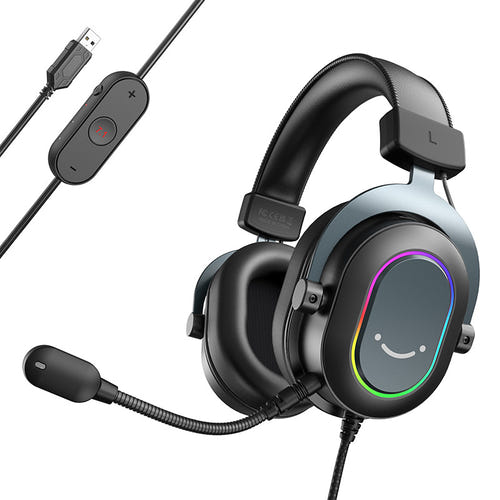 Fifine H6 - Casque gaming USB 7.1, audio 24 bits (noir) : coussinets et arceau du Fifine H6 éclairés en RGB